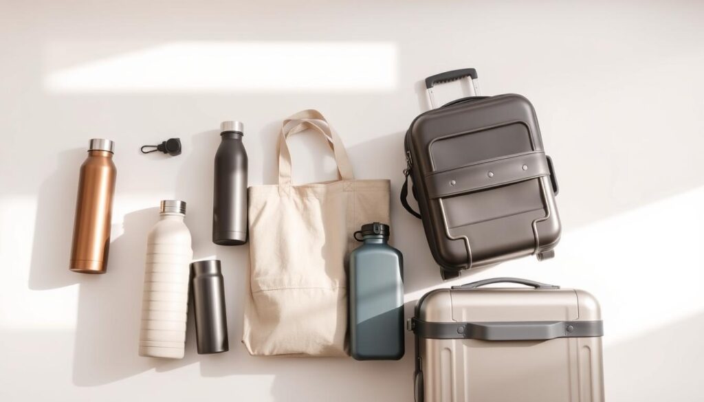 Reusable water bottles and eco-friendly luggage